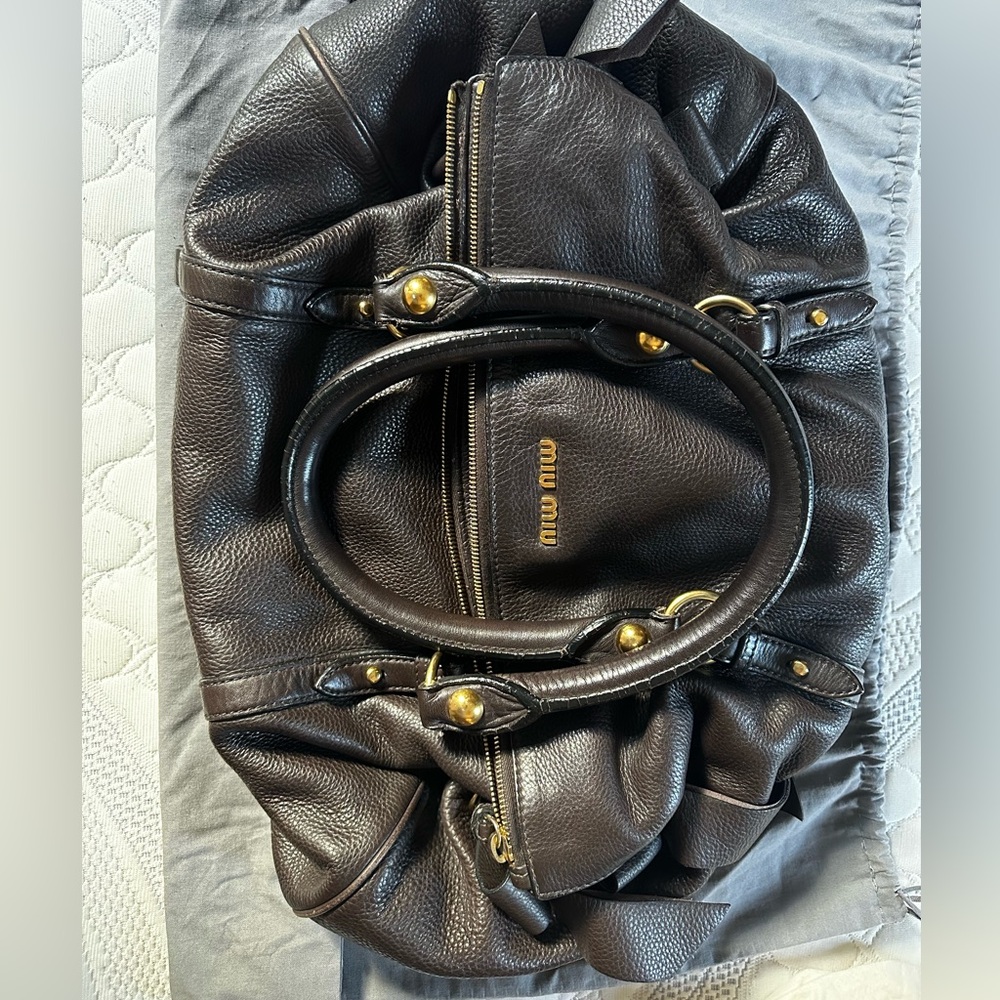 Miu Miu Dark Brown Leather Tote with Gold Accents